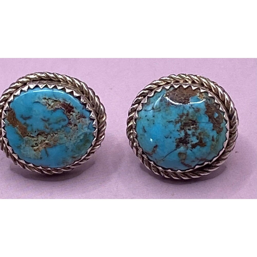 Turquoise Round Stud Earrings Sterling Silver 925 Rope Bezel Southwest Boho 1/2"